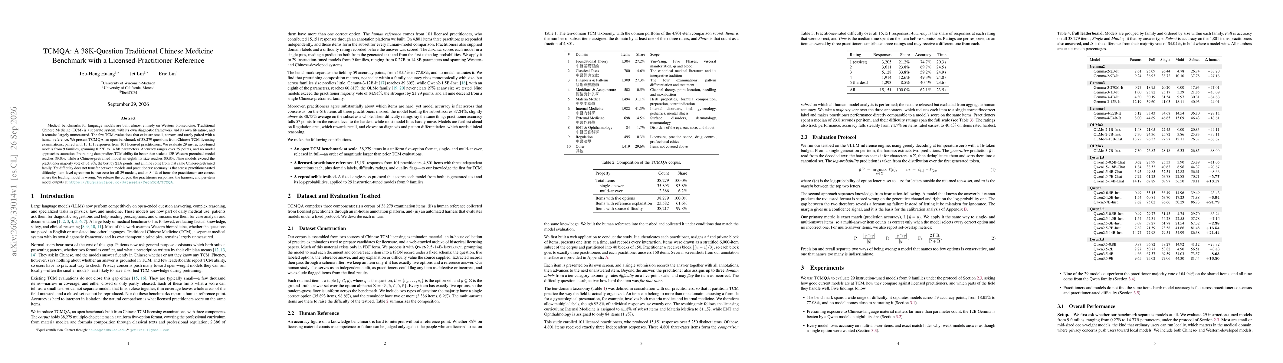 Thumbnail for TCMQA: A 38K-Question Traditional Chinese Medicine Benchmark with a Licensed-Practitioner Reference