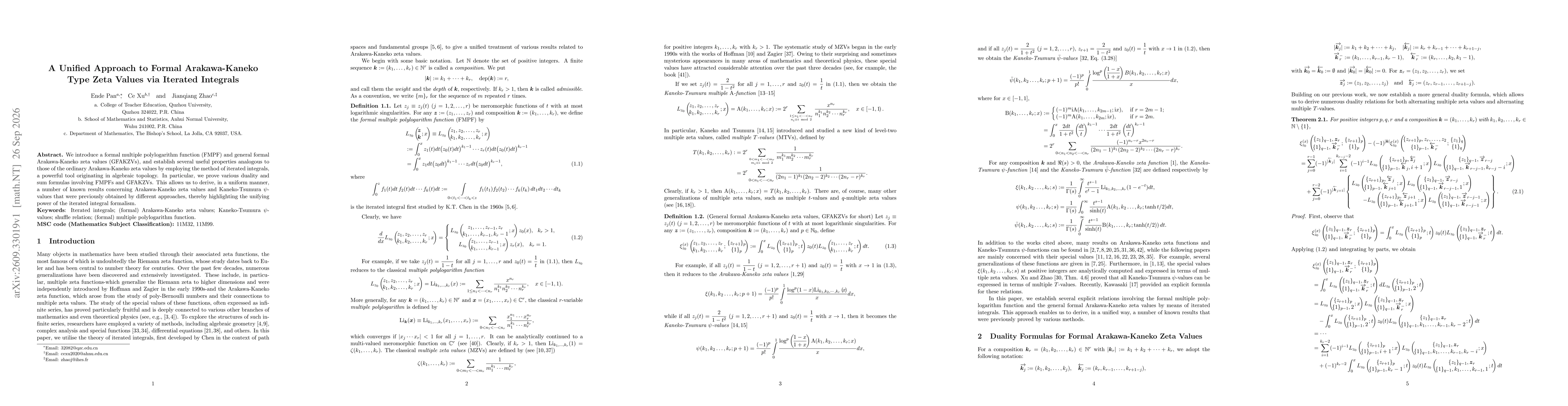 Thumbnail for A Unified Approach to Formal Arakawa-Kaneko Type Zeta Values via Iterated Integrals