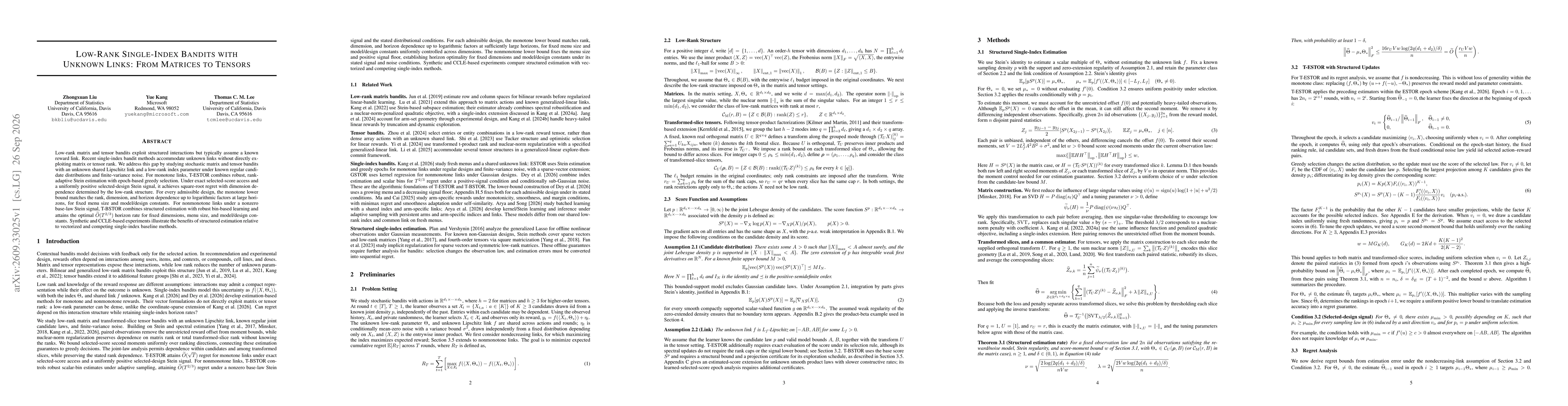Thumbnail for Low-Rank Single-Index Bandits with Unknown Links: From Matrices to Tensors