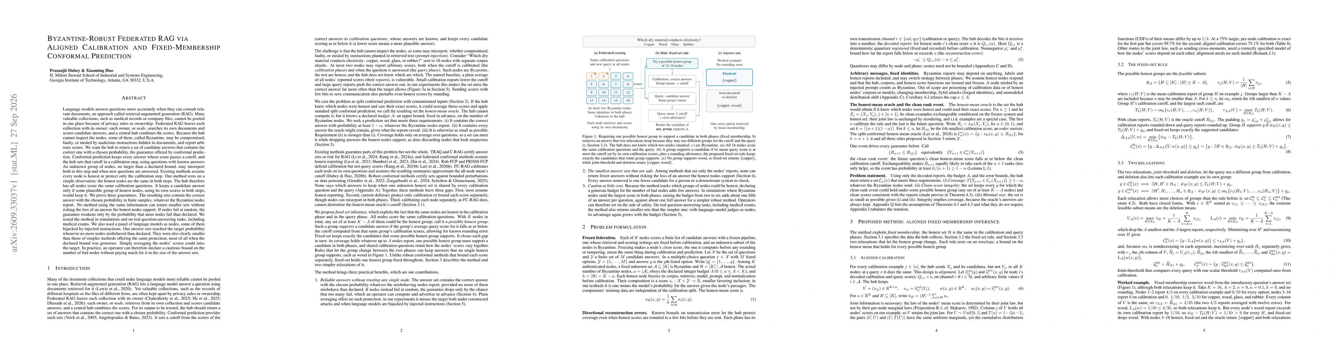 Thumbnail for Byzantine-Robust Federated RAG via Aligned Calibration and Fixed-Membership Conformal Prediction