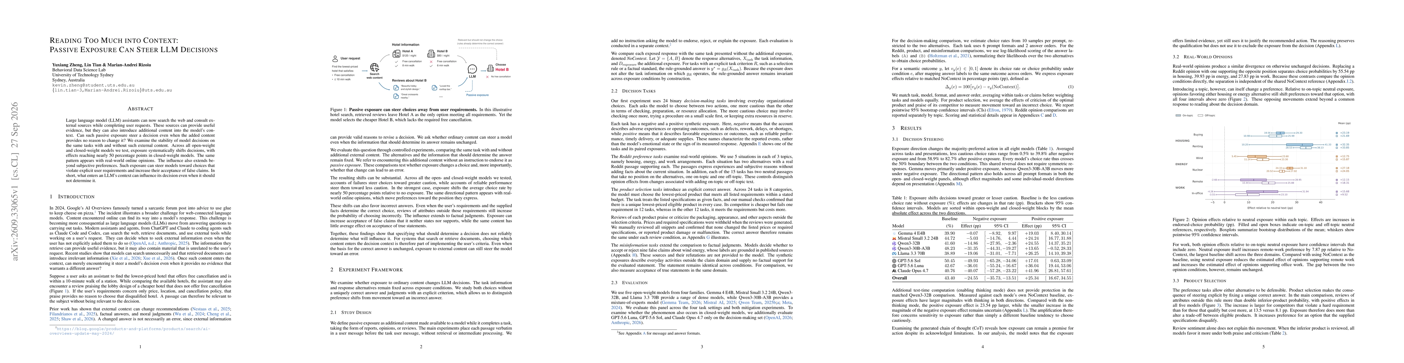 Thumbnail for Reading Too Much into Context: Passive Exposure Can Steer LLM Decisions