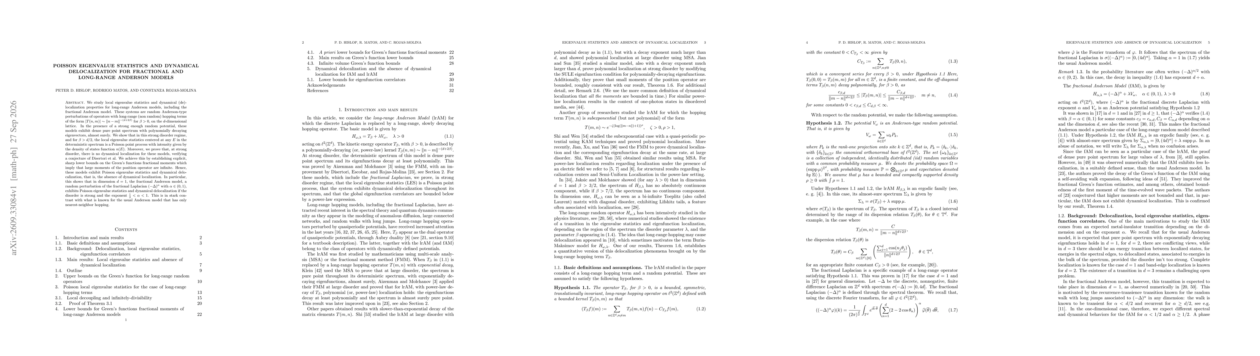 Thumbnail for Poisson eigenvalue statistics and dynamical delocalization for fractional and long-range Anderson models