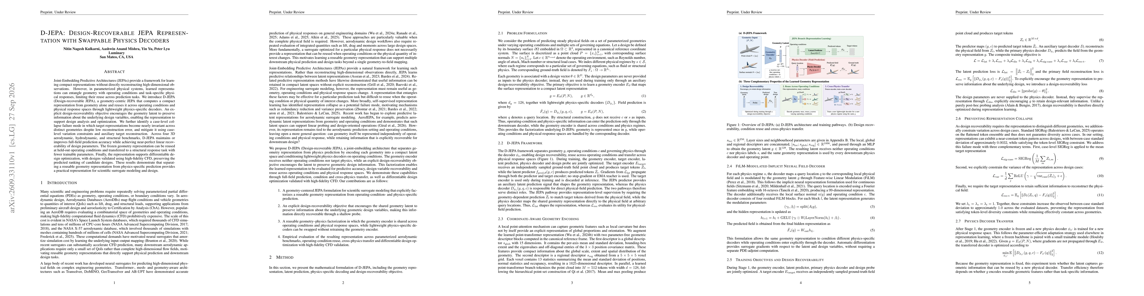 Thumbnail for D-JEPA: Design-Recoverable JEPA Representation with Swappable Physics Decoders