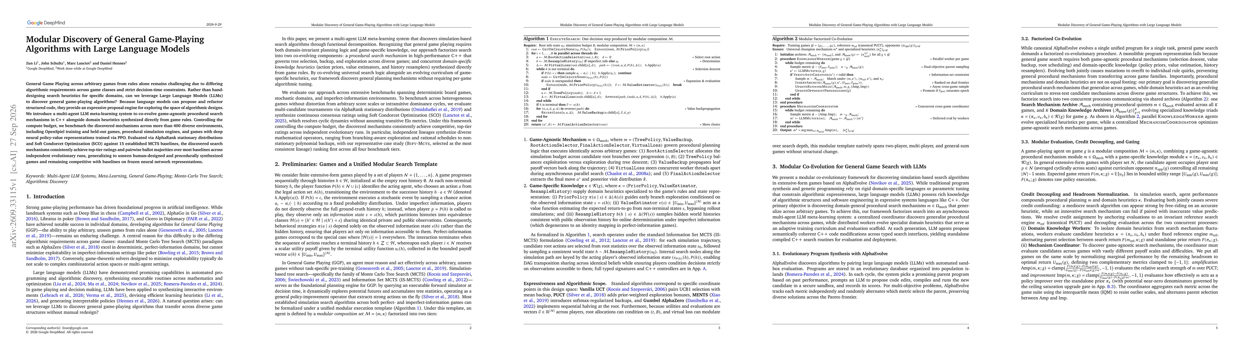Thumbnail for Modular Discovery of General Game-Playing Algorithms with Large Language Models
