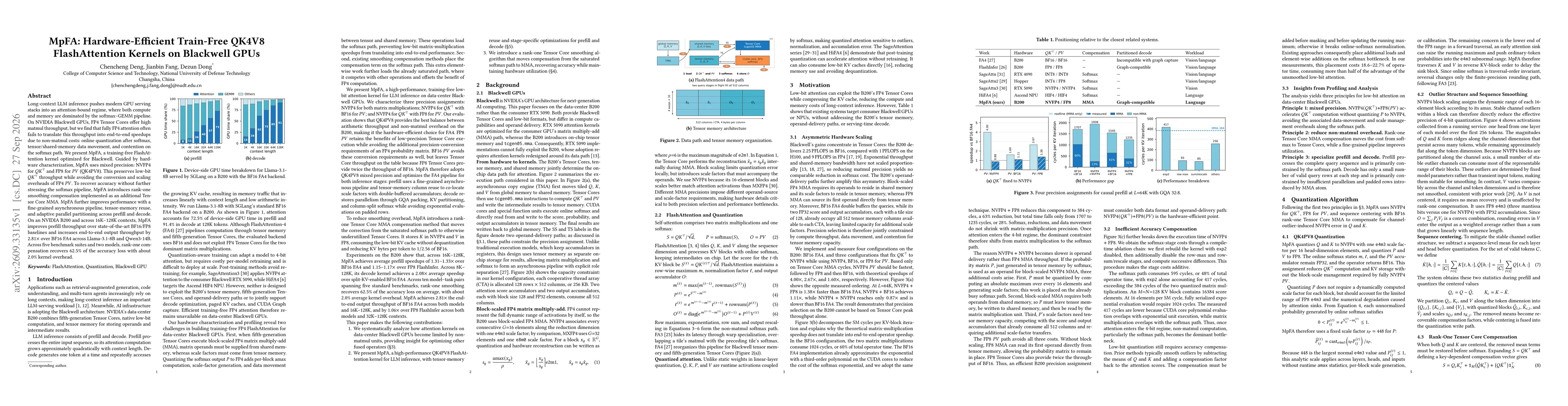 Thumbnail for MpFA: Hardware-Efficient Train-Free QK4V8 FlashAttention Kernels on Blackwell GPUs