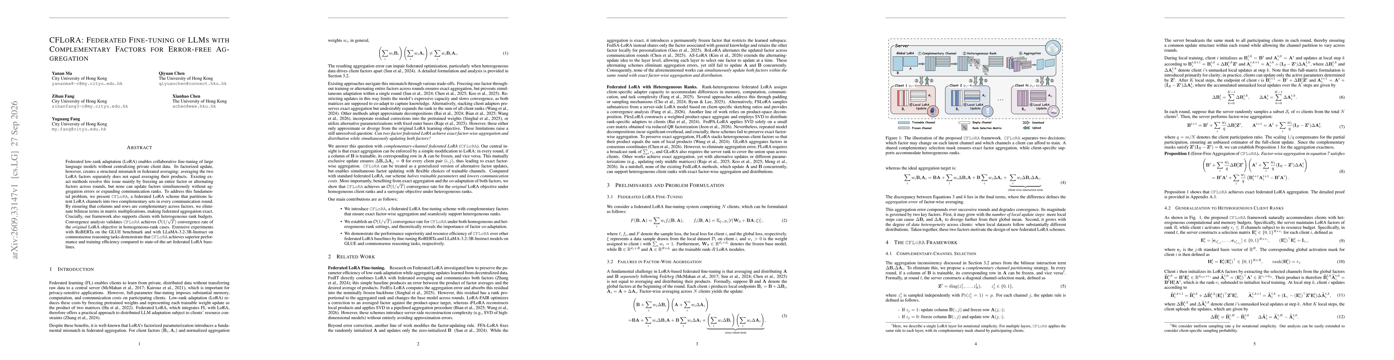 Thumbnail for CFLoRA: Federated Fine-tuning of LLMs with Complementary Factors for Error-free Aggregation