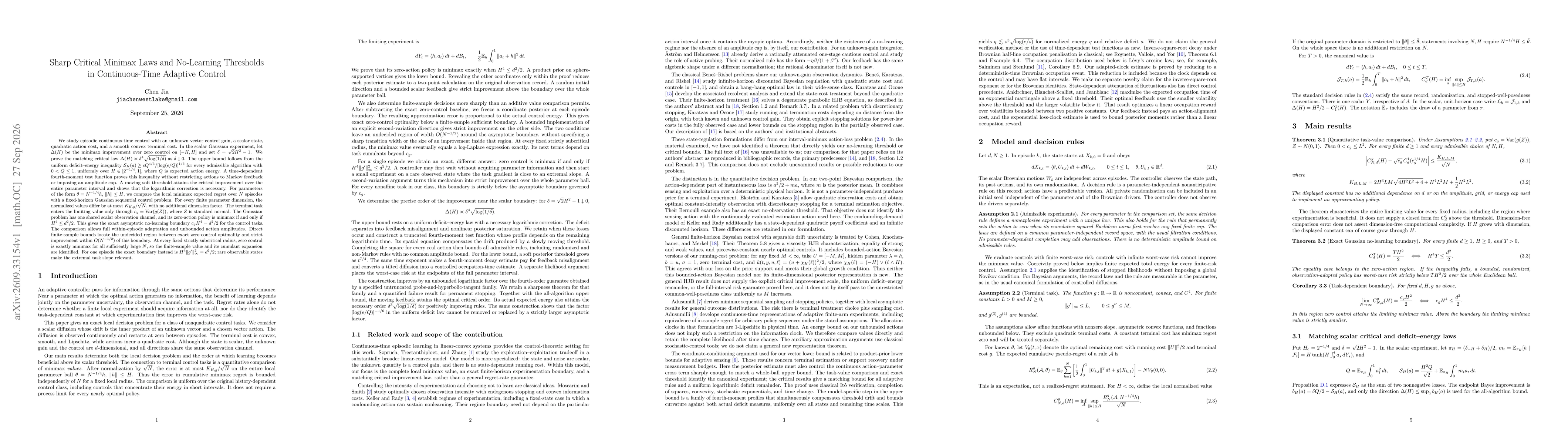 Thumbnail for Sharp Critical Minimax Laws and No-Learning Thresholds in Continuous-Time Adaptive Control