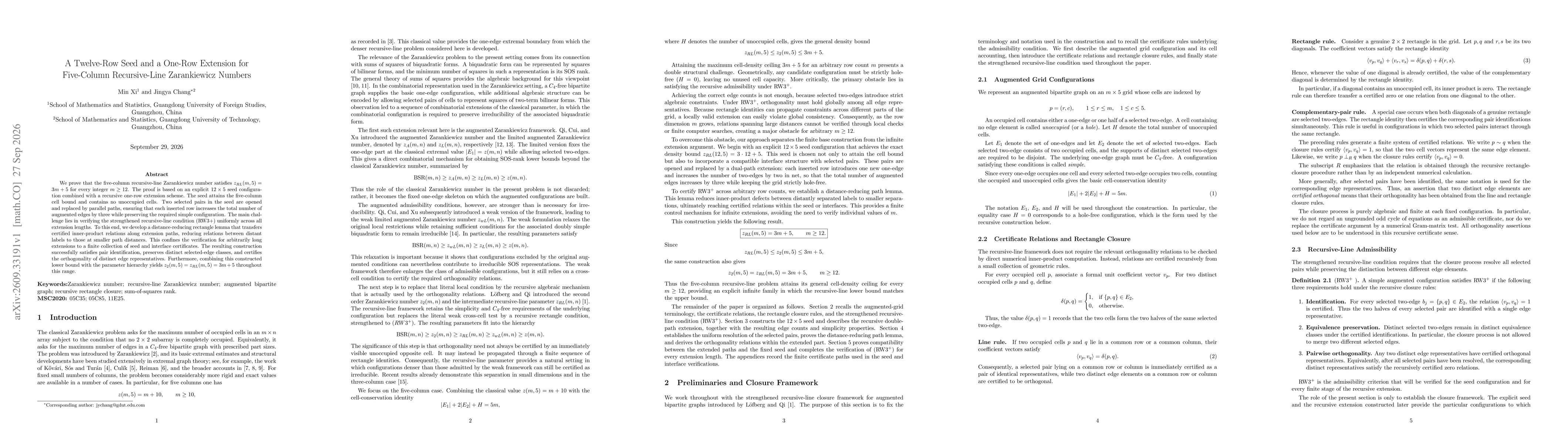 Thumbnail for A Twelve-Row Seed and a One-Row Extension for Five-Column Recursive-Line Zarankiewicz Numbers