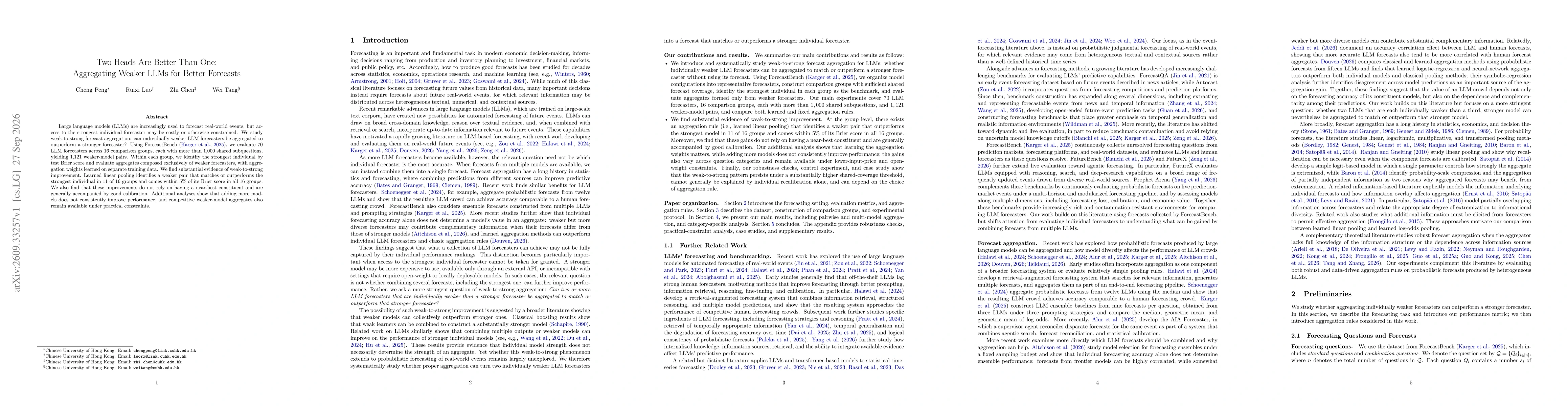 Thumbnail for Two Heads Are Better Than One: Aggregating Weaker LLMs for Better Forecasts