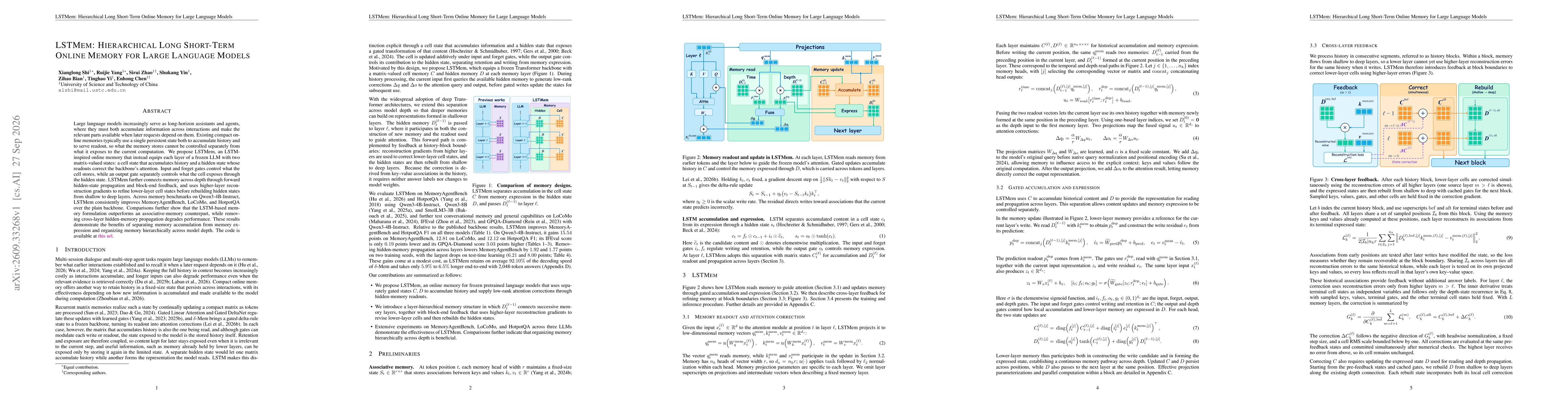 Thumbnail for LSTMem: Hierarchical Long Short-Term Online Memory for Large Language Models