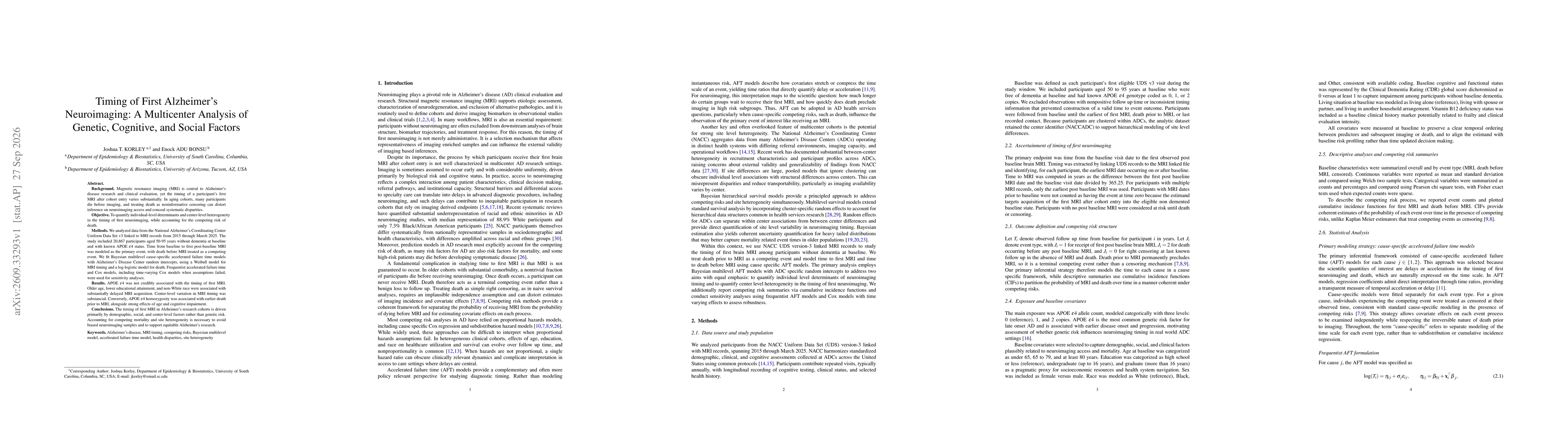 Thumbnail for Timing of First Alzheimer's Neuroimaging: A Multicenter Analysis of Genetic, Cognitive, and Social Factors