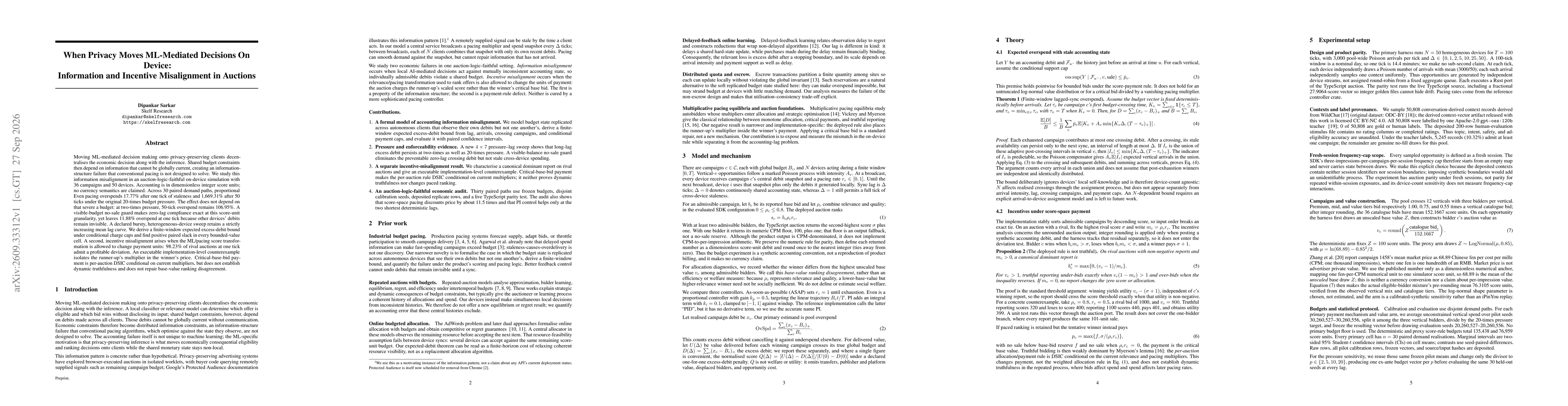Thumbnail for When Privacy Moves ML-Mediated Decisions On Device: Information and Incentive Misalignment in Auctions