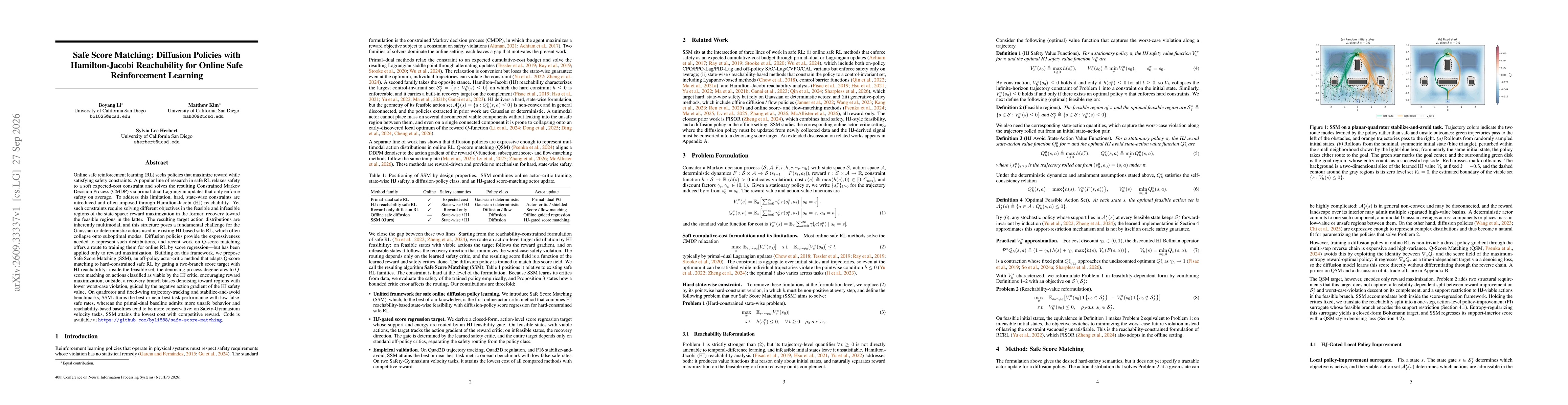 Thumbnail for Safe Score Matching: Diffusion Policies with Hamilton-Jacobi Reachability for Online Safe Reinforcement Learning