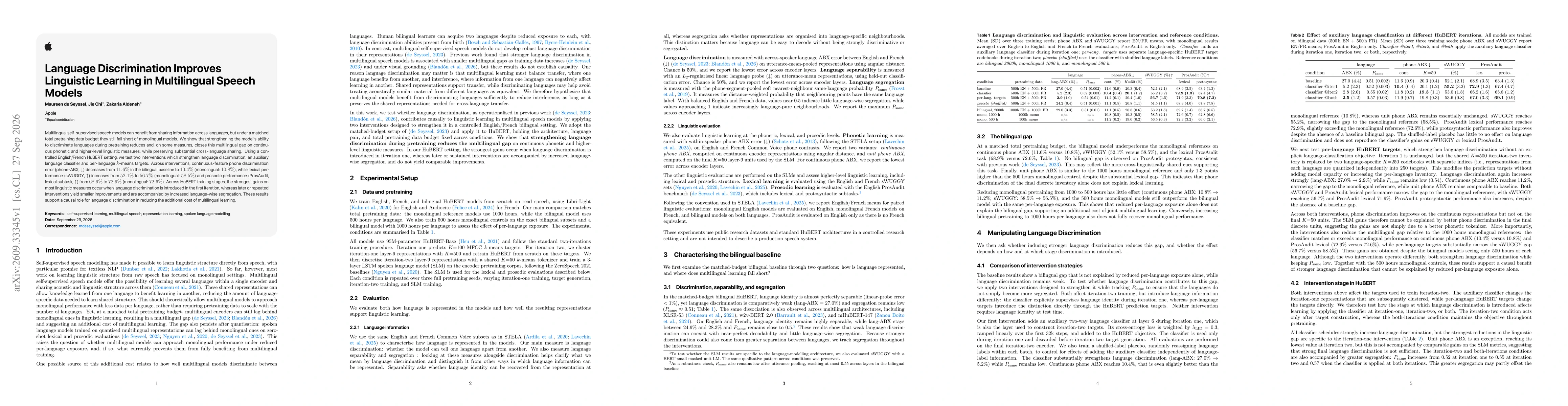 Thumbnail for Language Discrimination Improves Linguistic Learning in Multilingual Speech Models