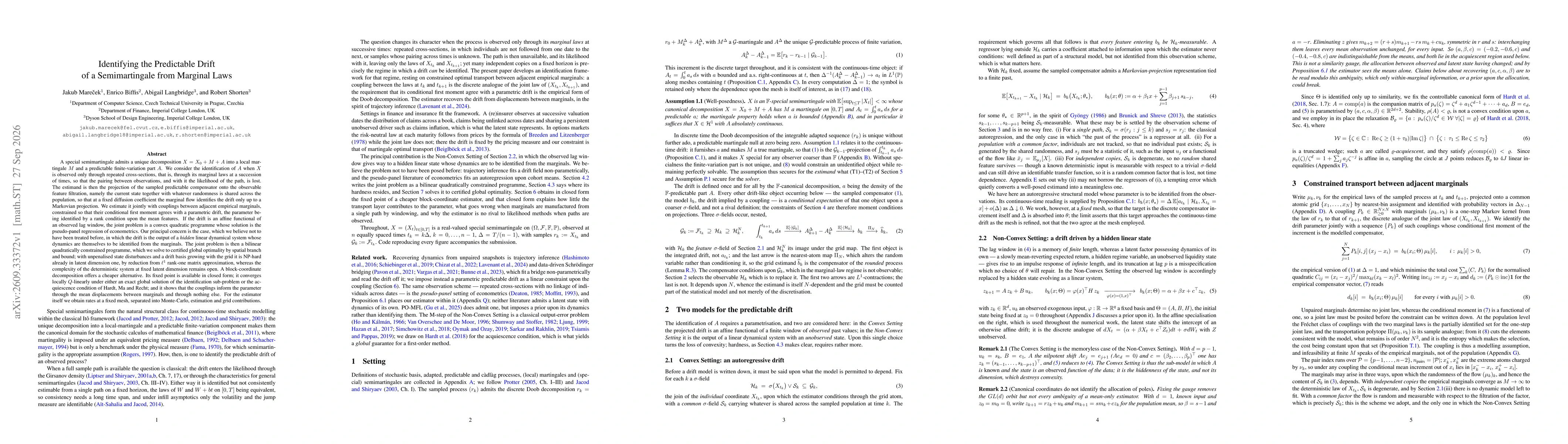 Thumbnail for Identifying the Predictable Drift of a Semimartingale from Marginal Laws