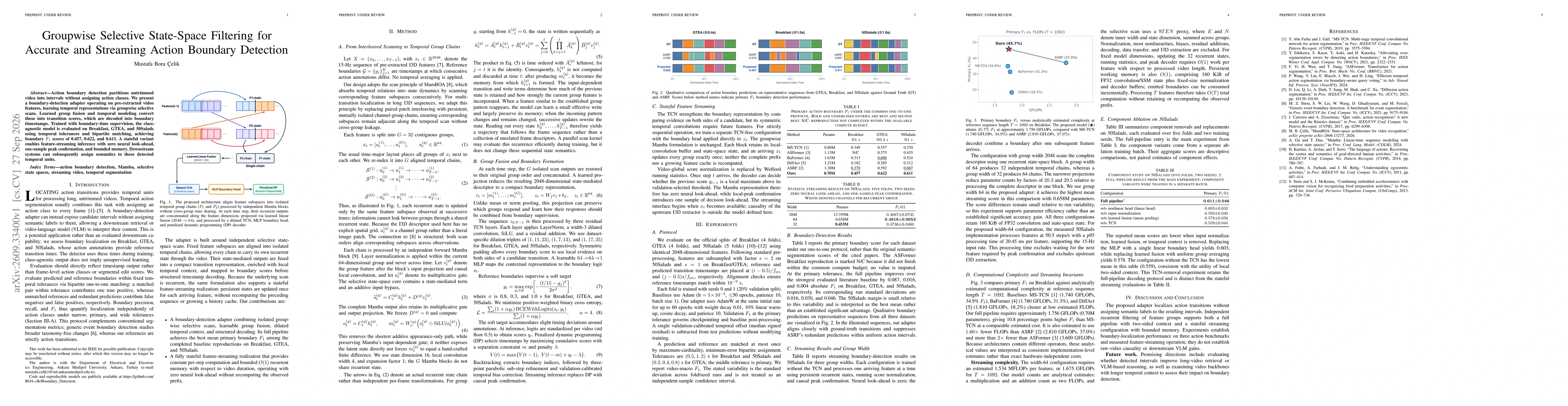 Thumbnail for Groupwise Selective State-Space Filtering for Accurate and Streaming Action Boundary Detection