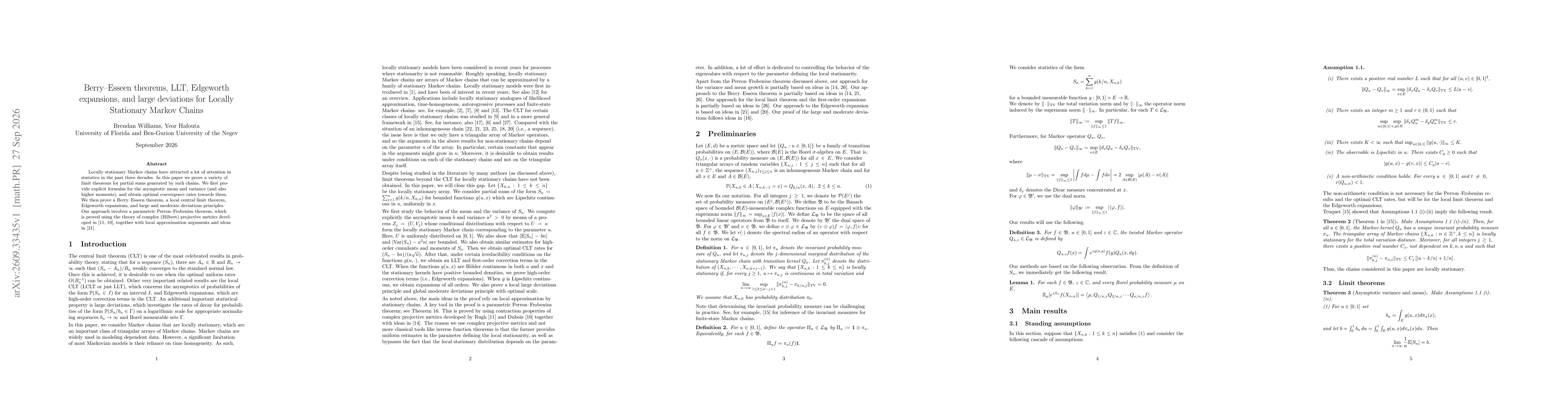 Thumbnail for Berry--Esseen theorems, LLT, Edgeworth expansions, and large deviations for Locally Stationary Markov Chains