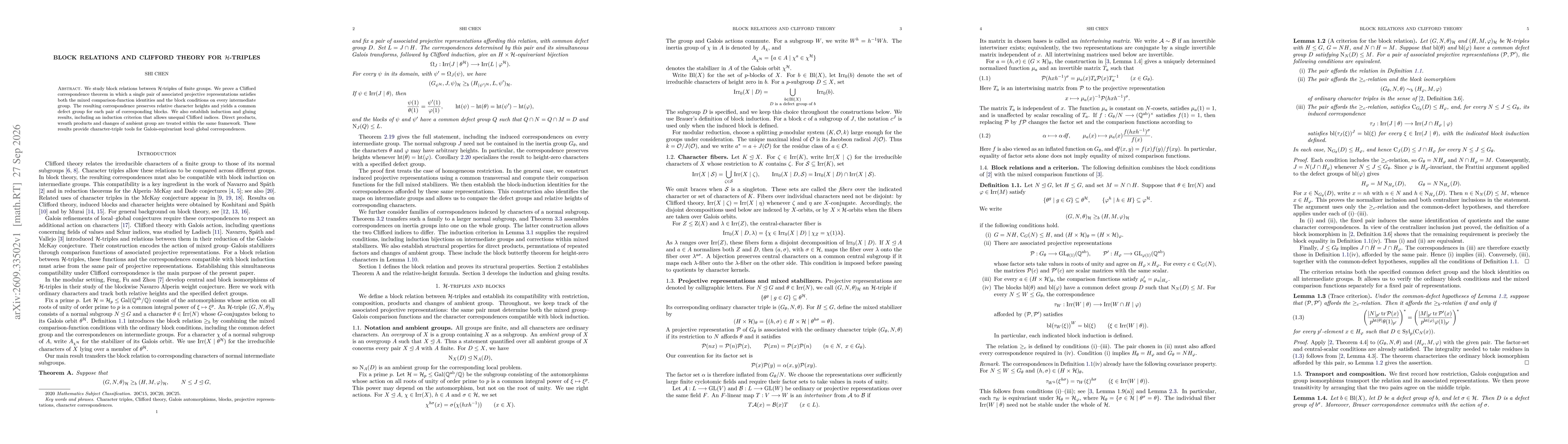 Thumbnail for Block Relations and Clifford Theory for H-Triples