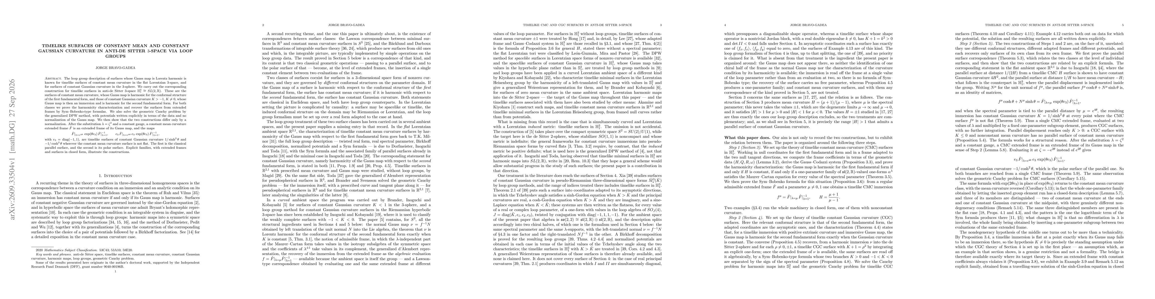 Thumbnail for Timelike surfaces of constant mean and constant Gaussian curvature in anti-de Sitter 3-space via loop groups
