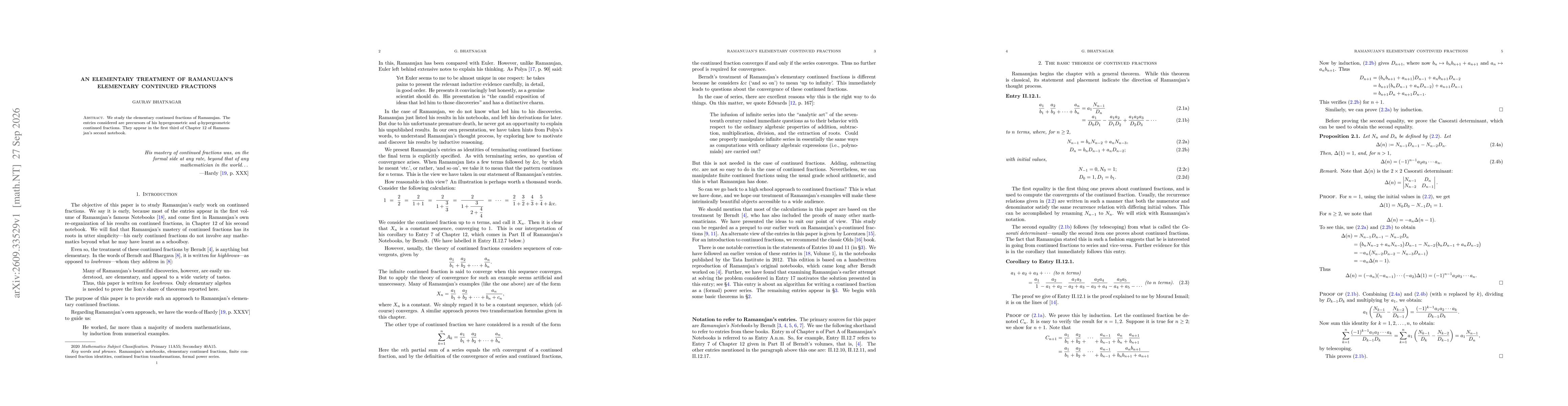 Thumbnail for An elementary treatment of Ramanujan's elementary continued fractions