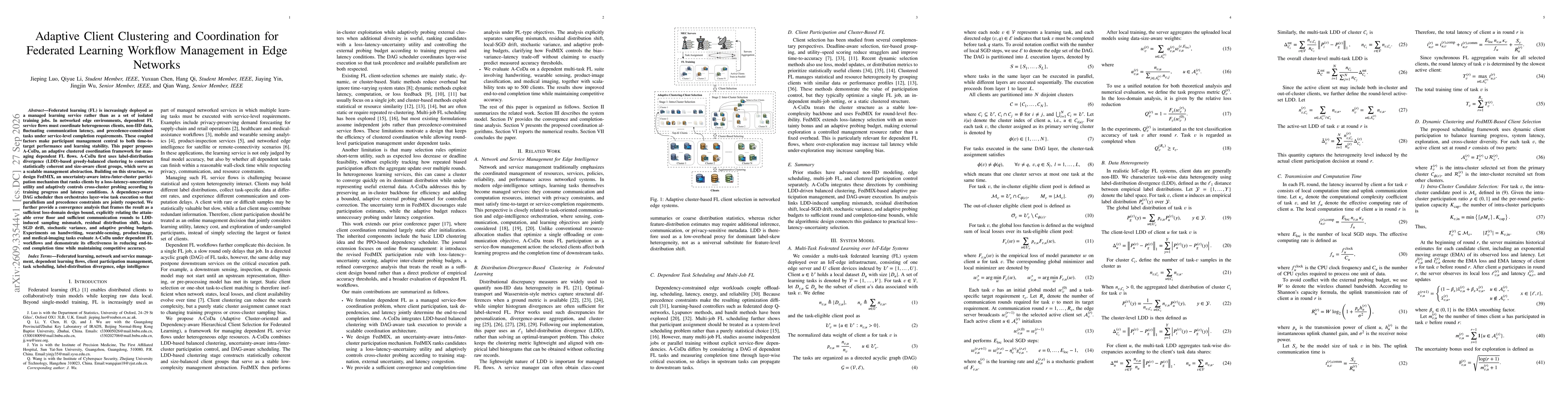 Thumbnail for Adaptive Client Clustering and Coordination for Federated Learning Workflow Management in Edge Networks