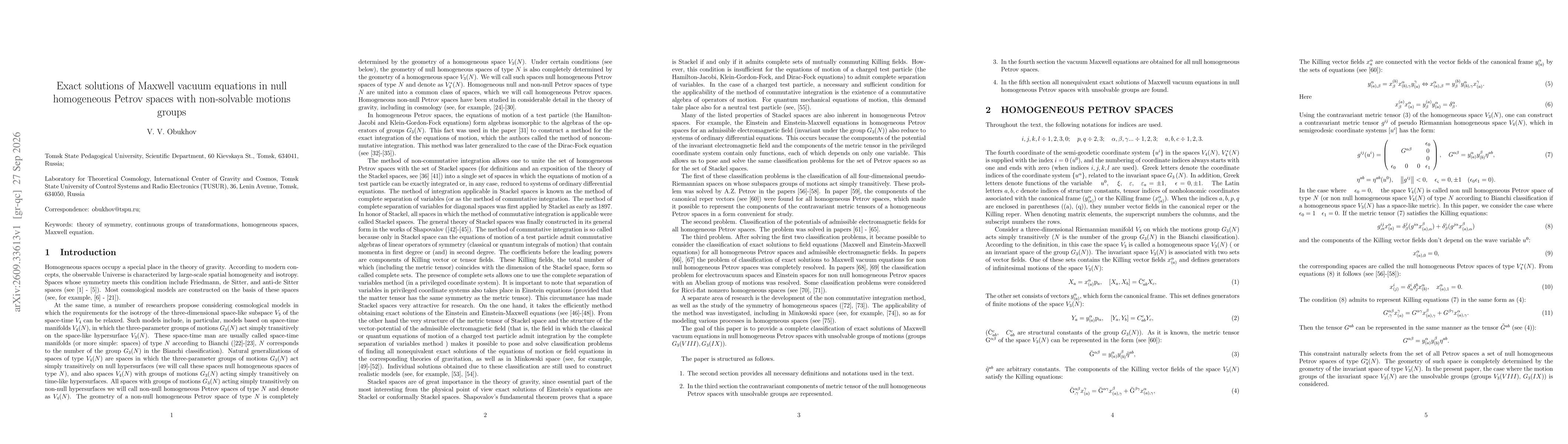 Thumbnail for Exact solutions of Maxwell vacuum equations in null homogeneous Petrov spaces with non-solvable motions groups