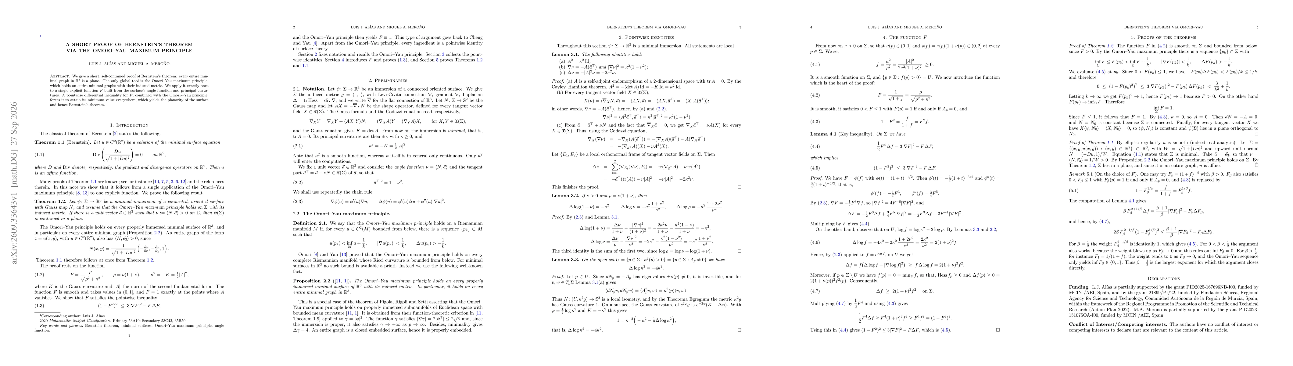 Thumbnail for A short proof of Bernstein's theorem via the Omori--Yau maximum principle
