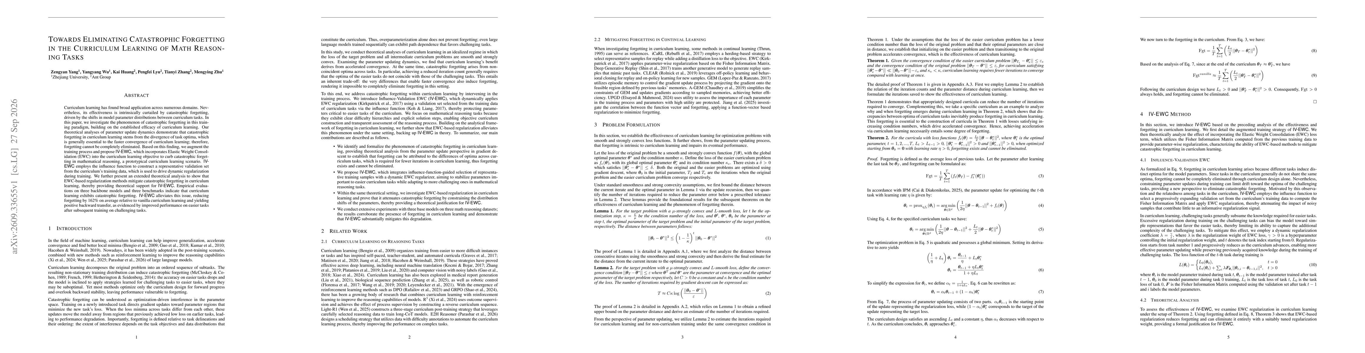 Thumbnail for Towards Eliminating Catastrophic Forgetting in the Curriculum Learning of Math Reasoning Tasks