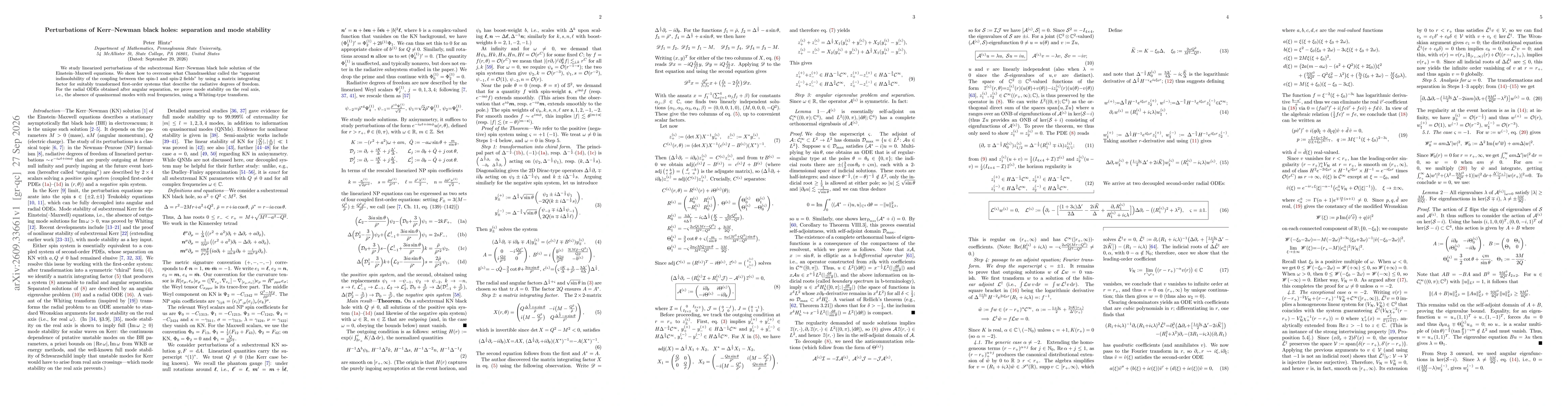 Thumbnail for Perturbations of Kerr-Newman black holes: separation and mode stability