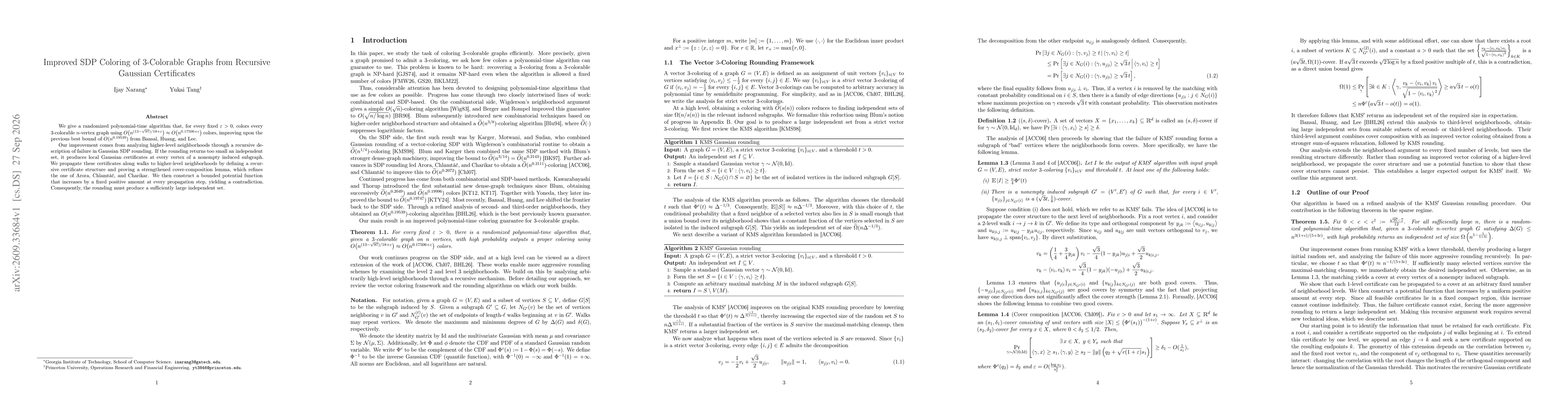 Thumbnail for Improved SDP Coloring of 3-Colorable Graphs from Recursive Gaussian Certificates
