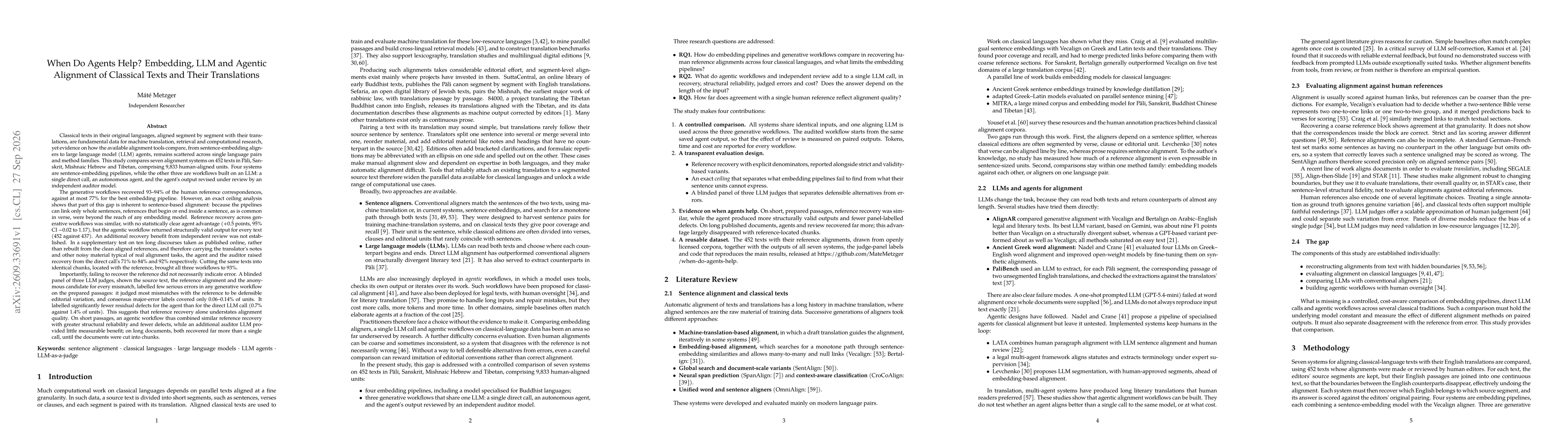 Thumbnail for When Do Agents Help? Embedding, LLM and Agentic Alignment of Classical Texts and Their Translations