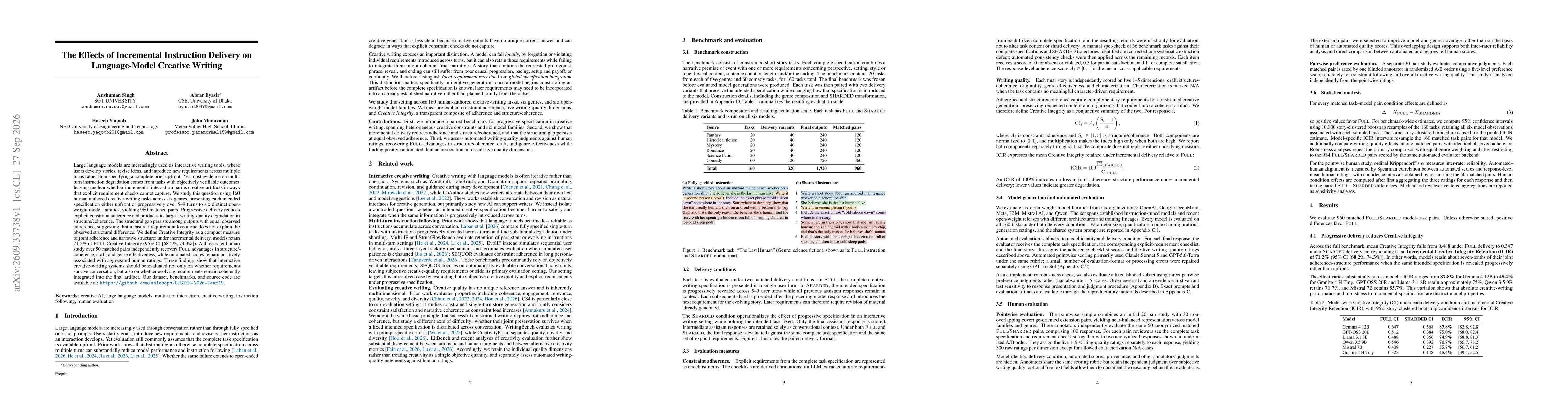 Thumbnail for The Effects of Incremental Instruction Delivery on Language-Model Creative Writing