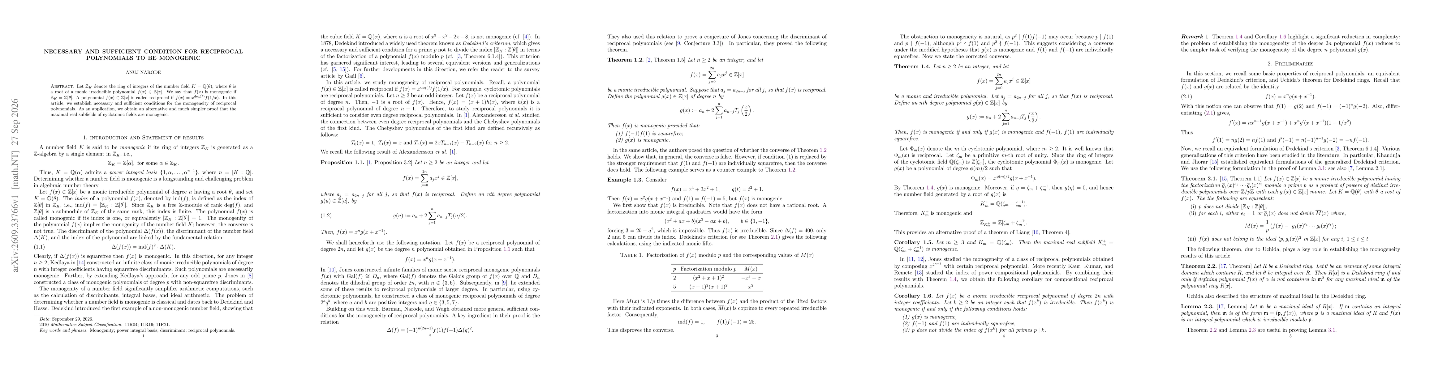 Thumbnail for Necessary and sufficient condition for reciprocal polynomials to be monogenic