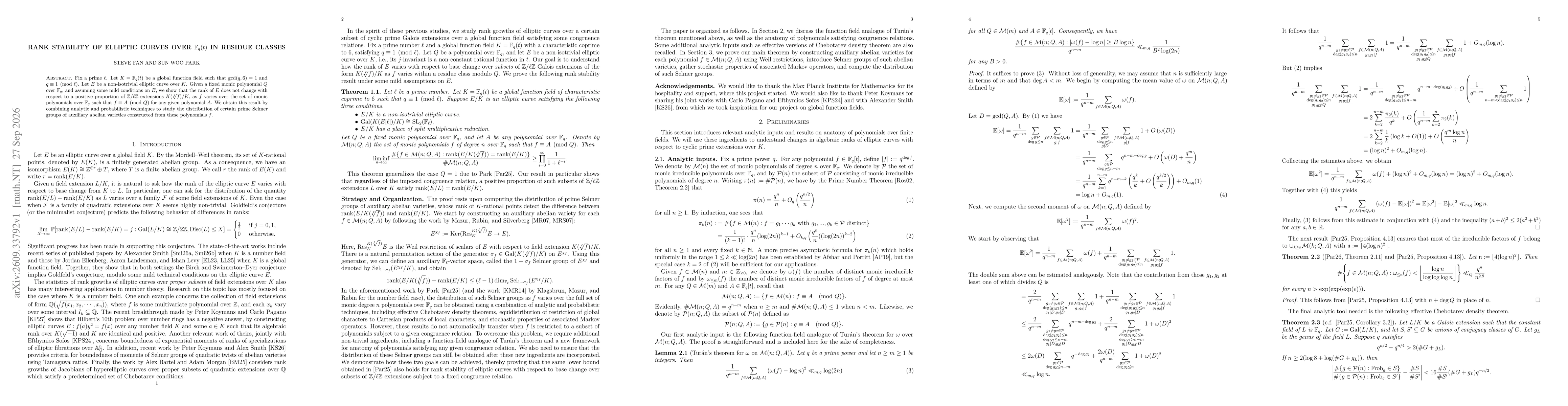 Thumbnail for Rank stability of elliptic curves over $\mathbb{F}_q(t)$ in residue classes