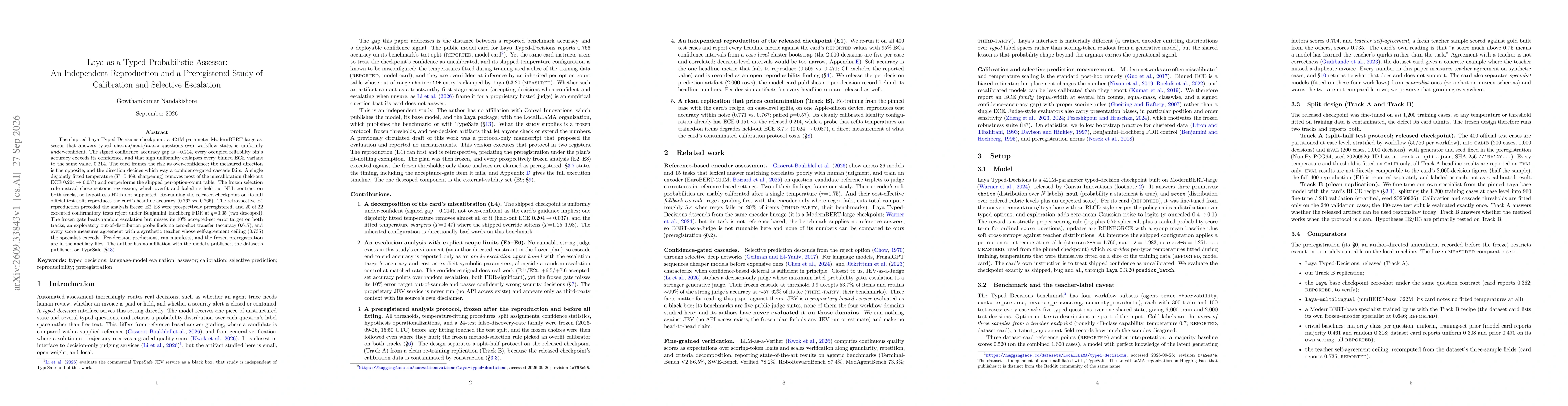 Thumbnail for Laya as a Typed Probabilistic Assessor: An Independent Reproduction and a Preregistered Study of Calibration and Selective Escalation