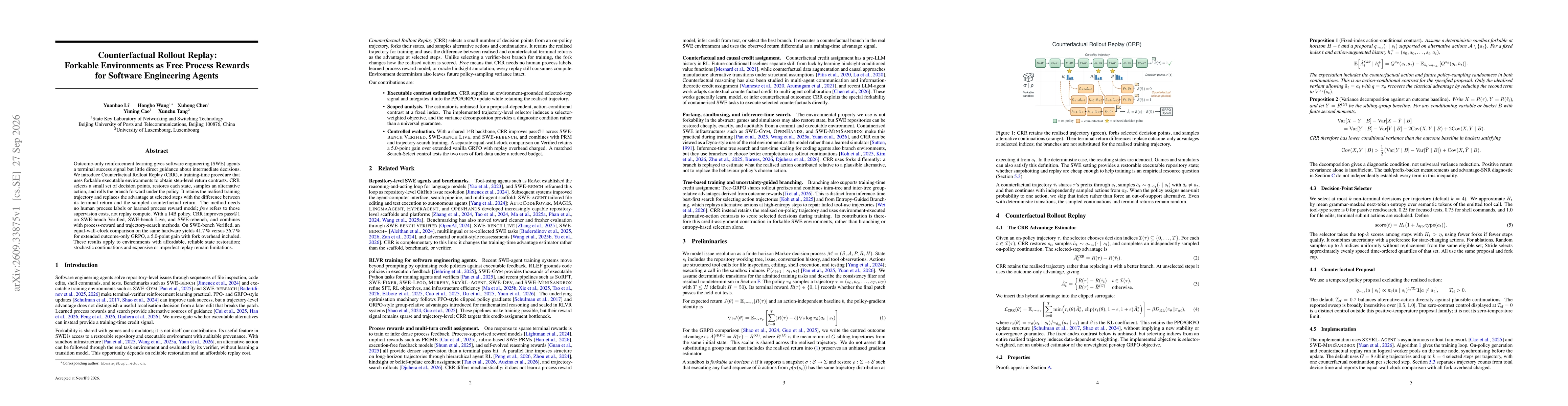 Thumbnail for Counterfactual Rollout Replay: Forkable Environments as Free Process Rewards for Software Engineering Agents