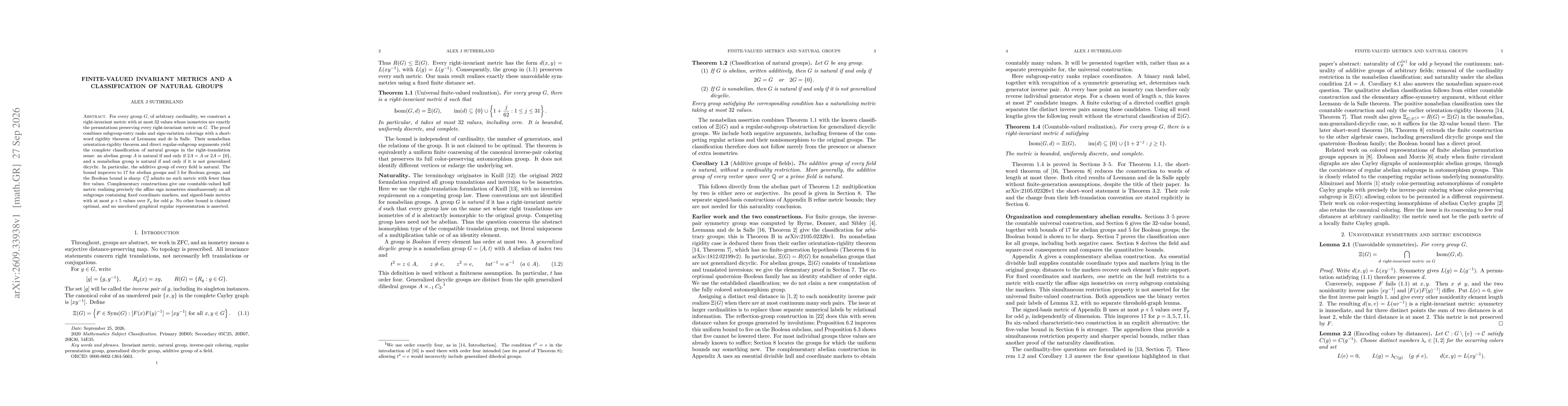 Thumbnail for Finite-valued invariant metrics and a classification of natural groups