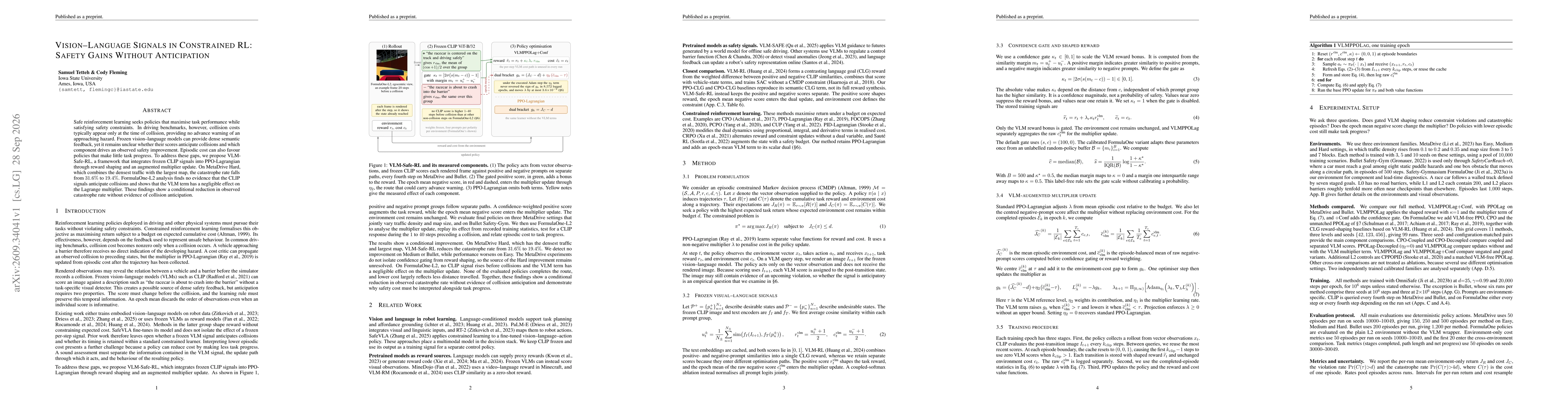 Thumbnail for Vision--Language Signals in Constrained RL: Safety Gains Without Anticipation
