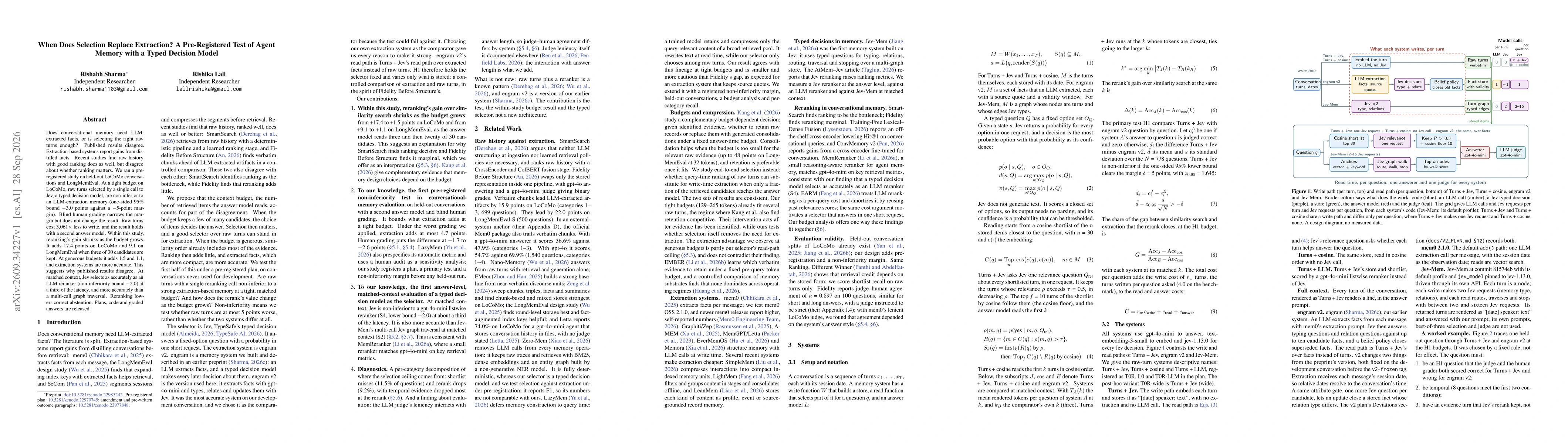 Thumbnail for When Does Selection Replace Extraction? A Pre-Registered Test of Agent Memory with a Typed Decision Model