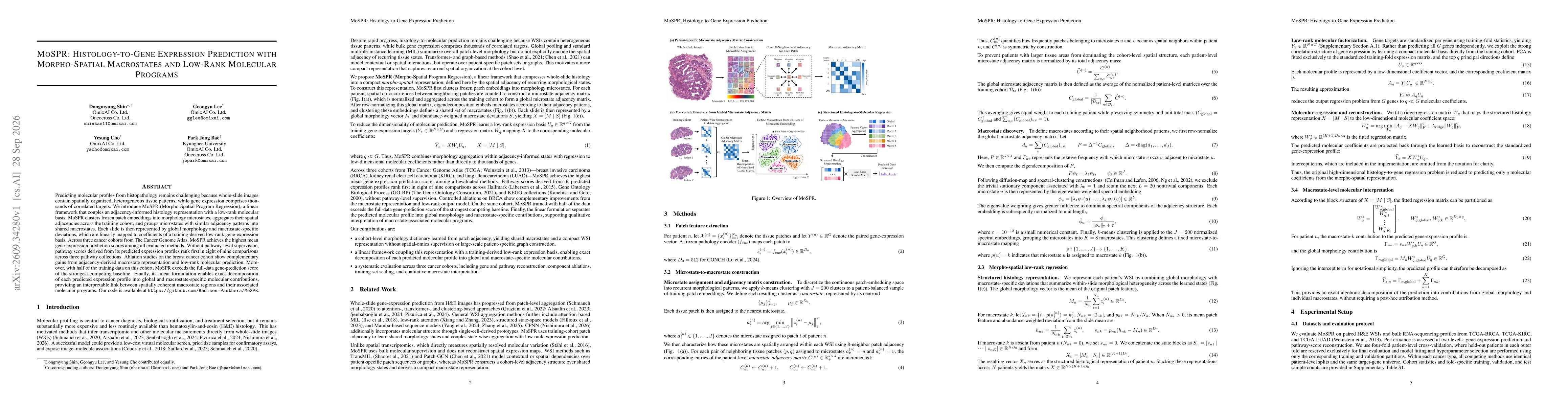 Thumbnail for MoSPR: Histology-to-Gene Expression Prediction with Morpho-Spatial Macrostates and Low-Rank Molecular Programs
