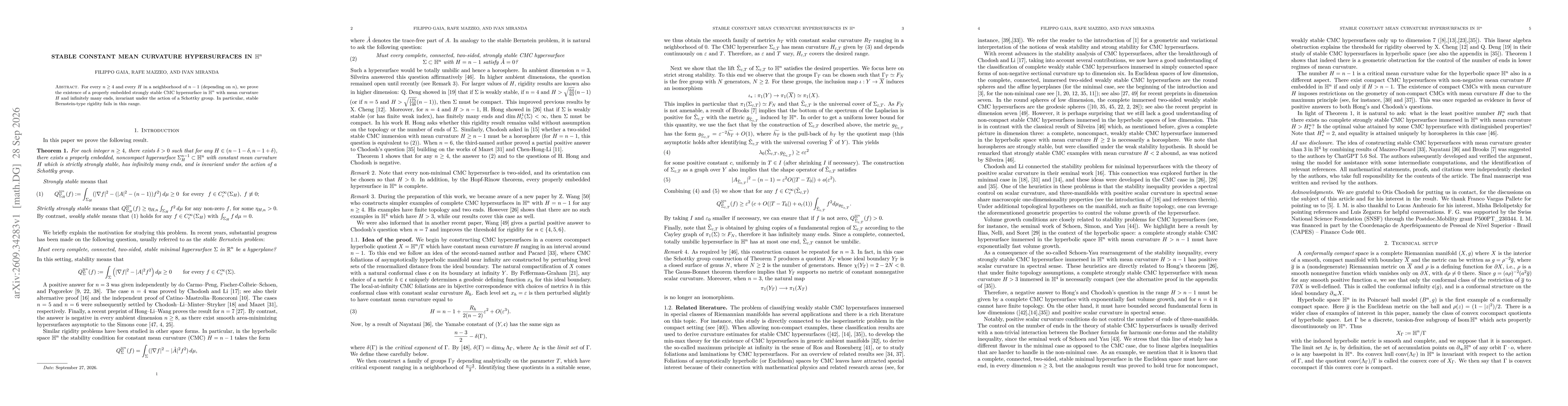 Thumbnail for Stable Constant Mean Curvature Hypersurfaces in $\mathbb{H}^n$