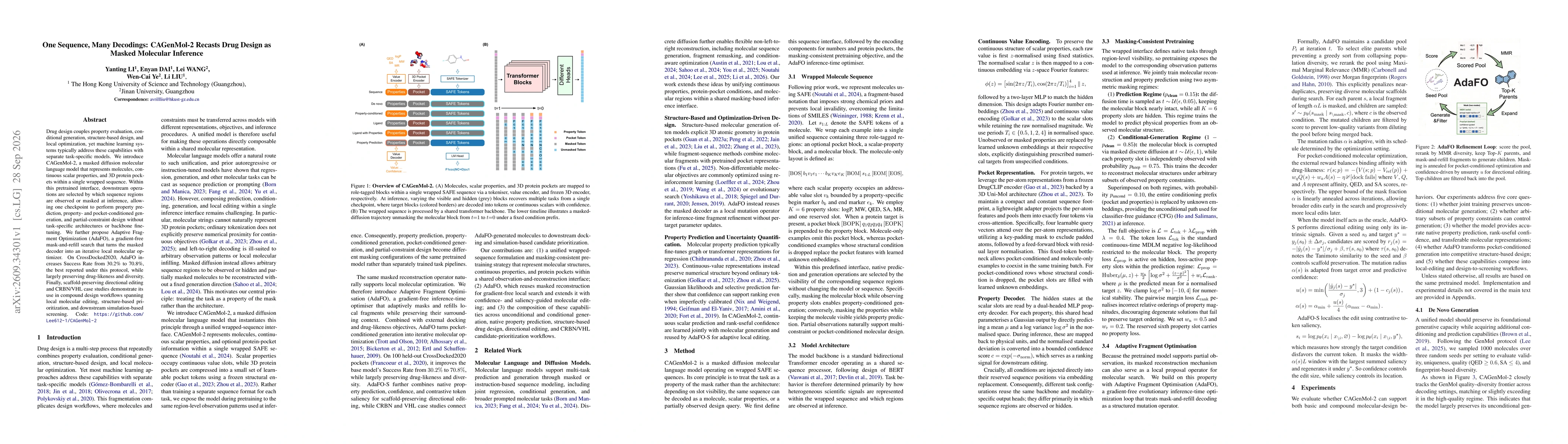 Thumbnail for One Sequence, Many Decodings: CAGenMol-2 Recasts Drug Design as Masked Molecular Inference