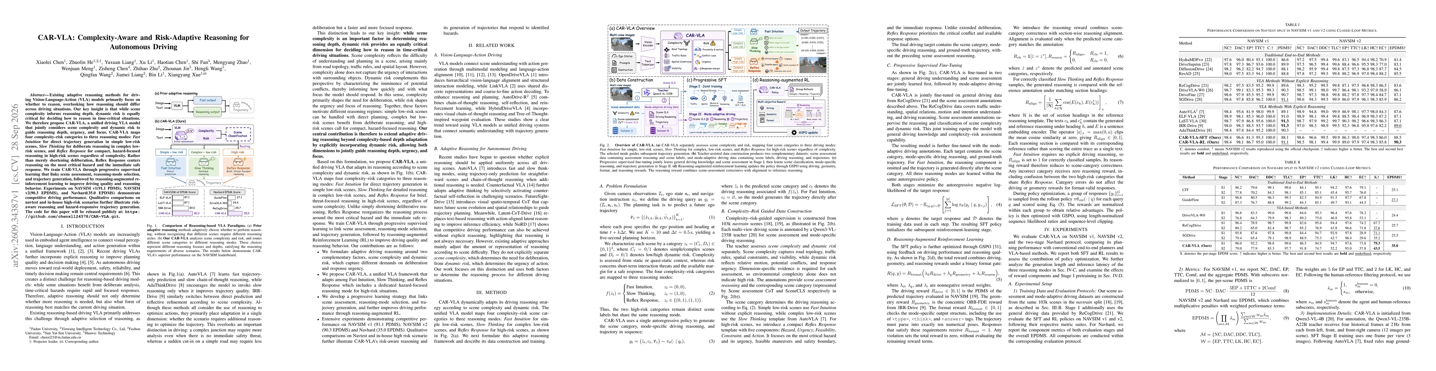 Thumbnail for CAR-VLA: Complexity-Aware and Risk-Adaptive Reasoning for Autonomous Driving