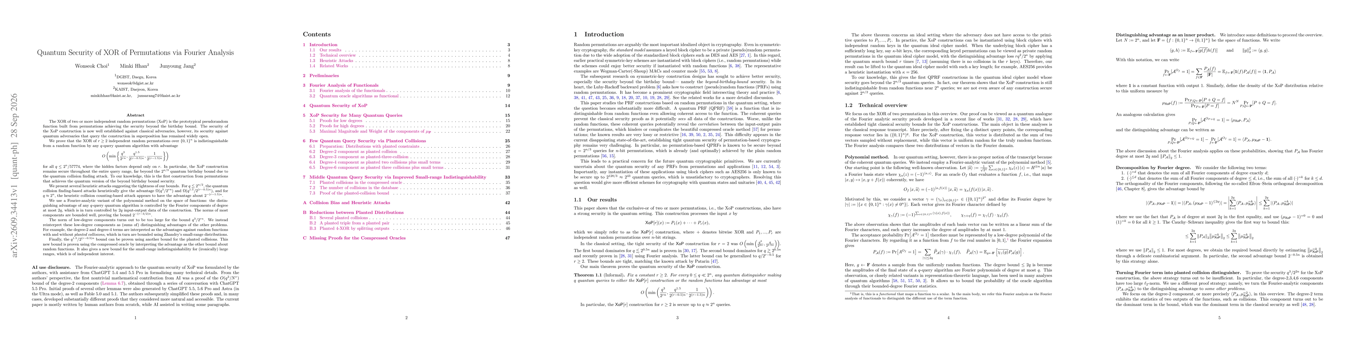 Thumbnail for Quantum Security of XOR of Permutations via Fourier Analysis