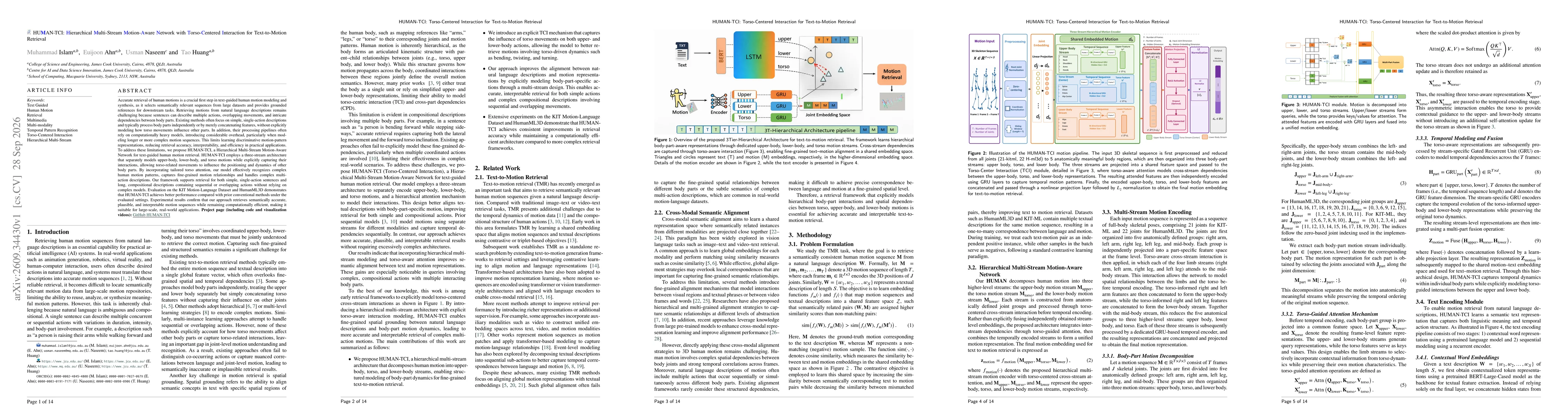 Thumbnail for HUMAN-TCI: Hierarchical Multi-Stream Motion-Aware Network with Torso-Centered Interaction for Text-to-Motion Retrieval