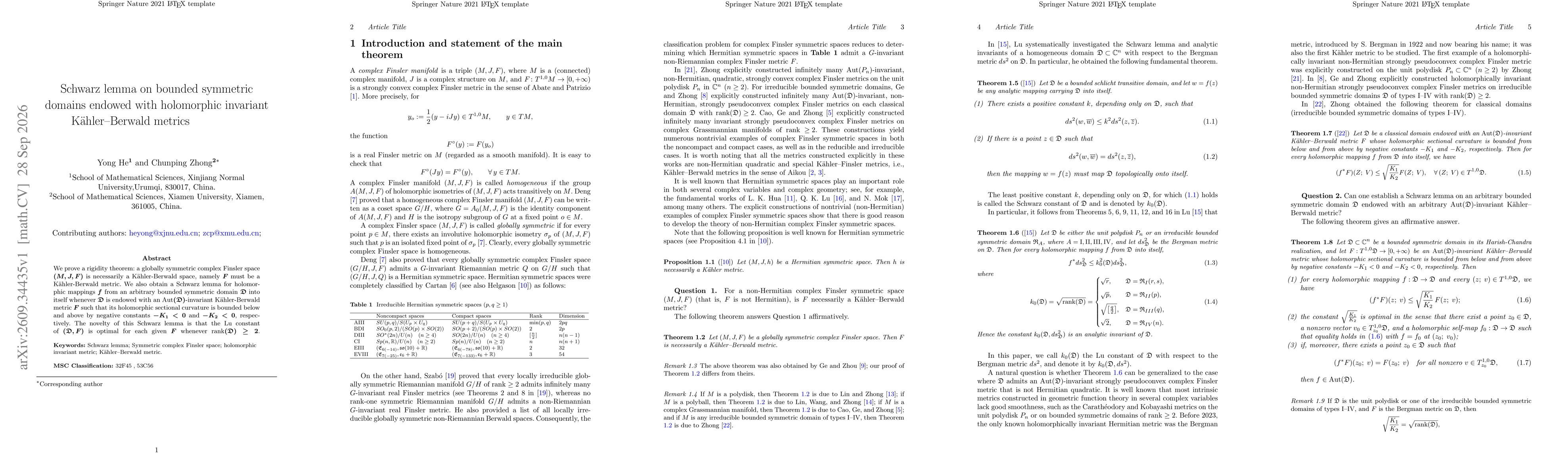 Thumbnail for Schwarz lemma on bounded symmetric domains endowed with holomorphic invariant Kähler--Berwald metrics