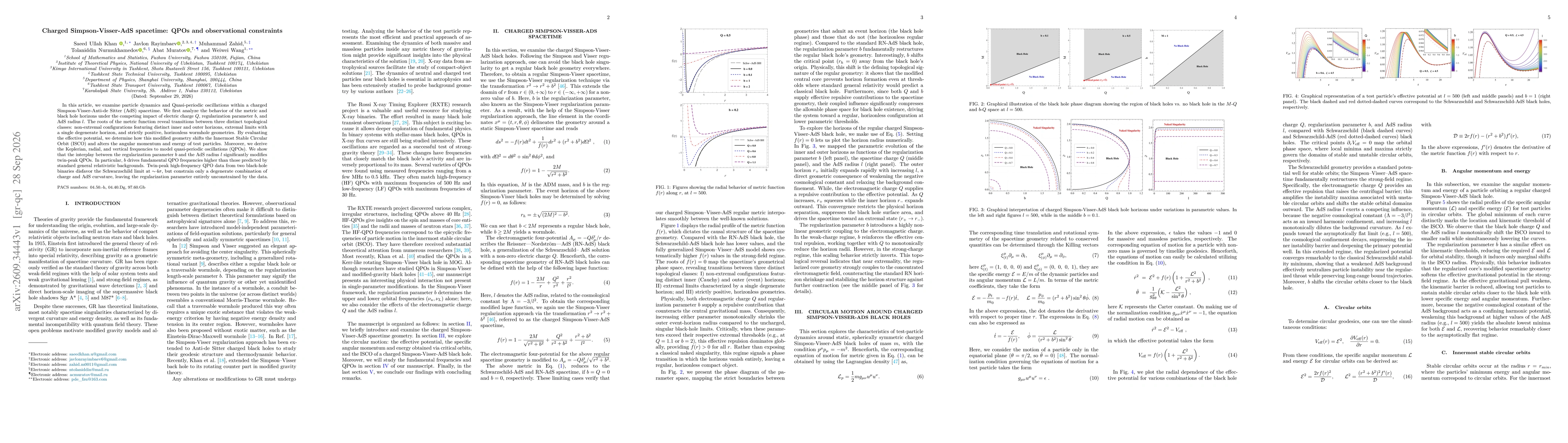 Thumbnail for Charged Simpson-Visser-AdS spacetime: QPOs and observational constraints