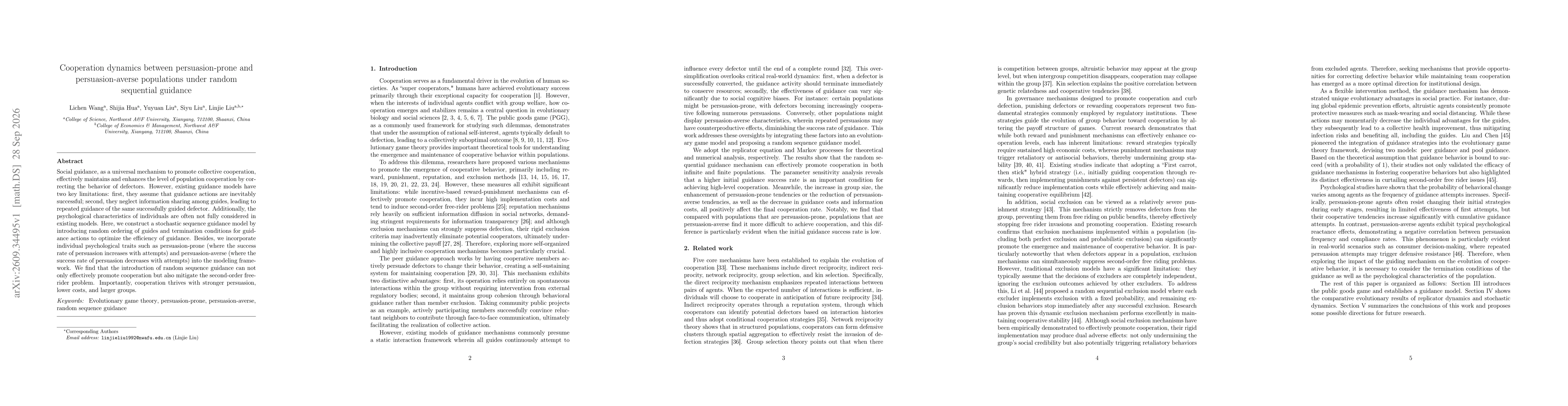 Thumbnail for Cooperation dynamics between persuasion-prone and persuasion-averse populations under random sequential guidance