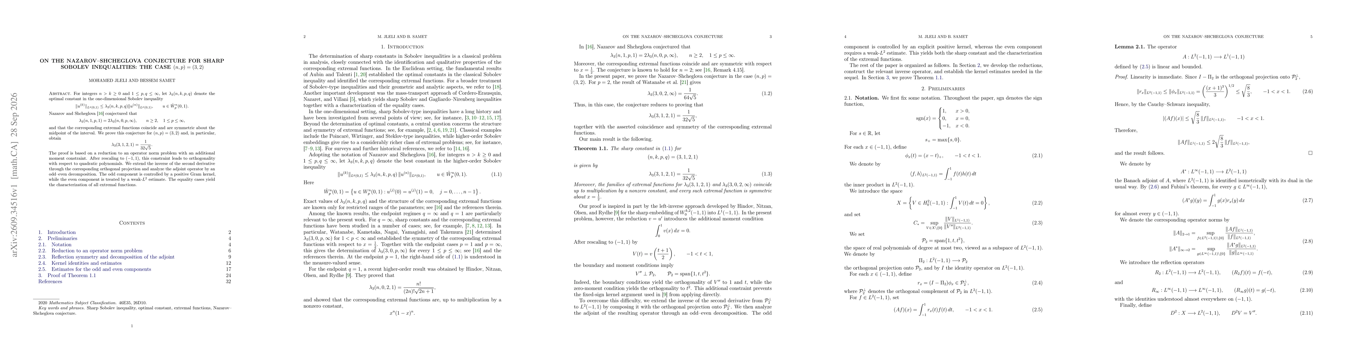 Thumbnail for On the Nazarov--Shcheglova Conjecture for Sharp Sobolev Inequalities: The Case (n,p)=(3,2)