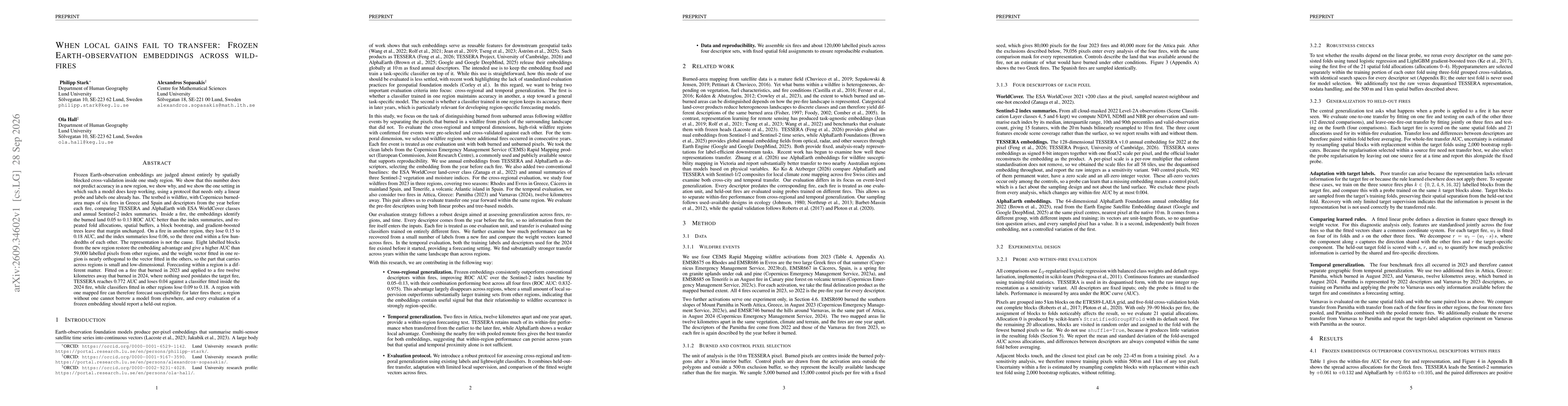Thumbnail for When local gains fail to transfer: Frozen Earth-observation embeddings across wildfires